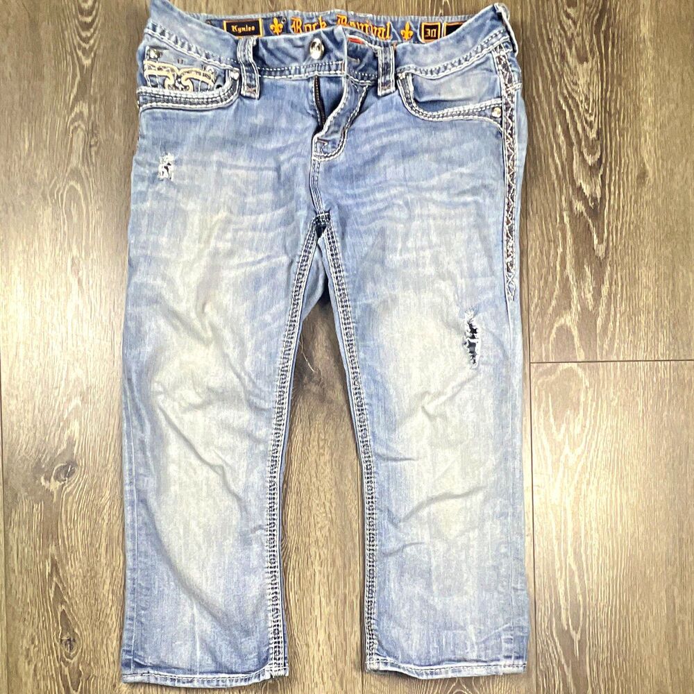 Rock Revival Women’s 30 Blue Light Wash Slim Capri Jeans Distressed Embroidered
